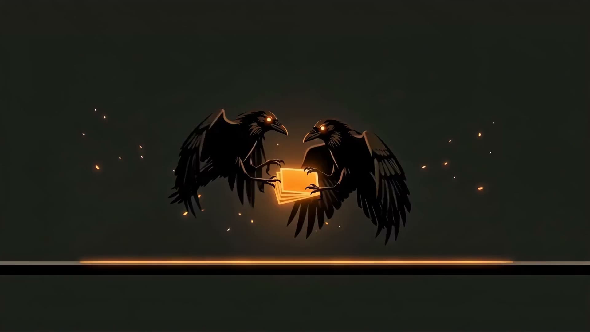 Two ravens meeting mid-air, passing a glowing stack of photographs between them