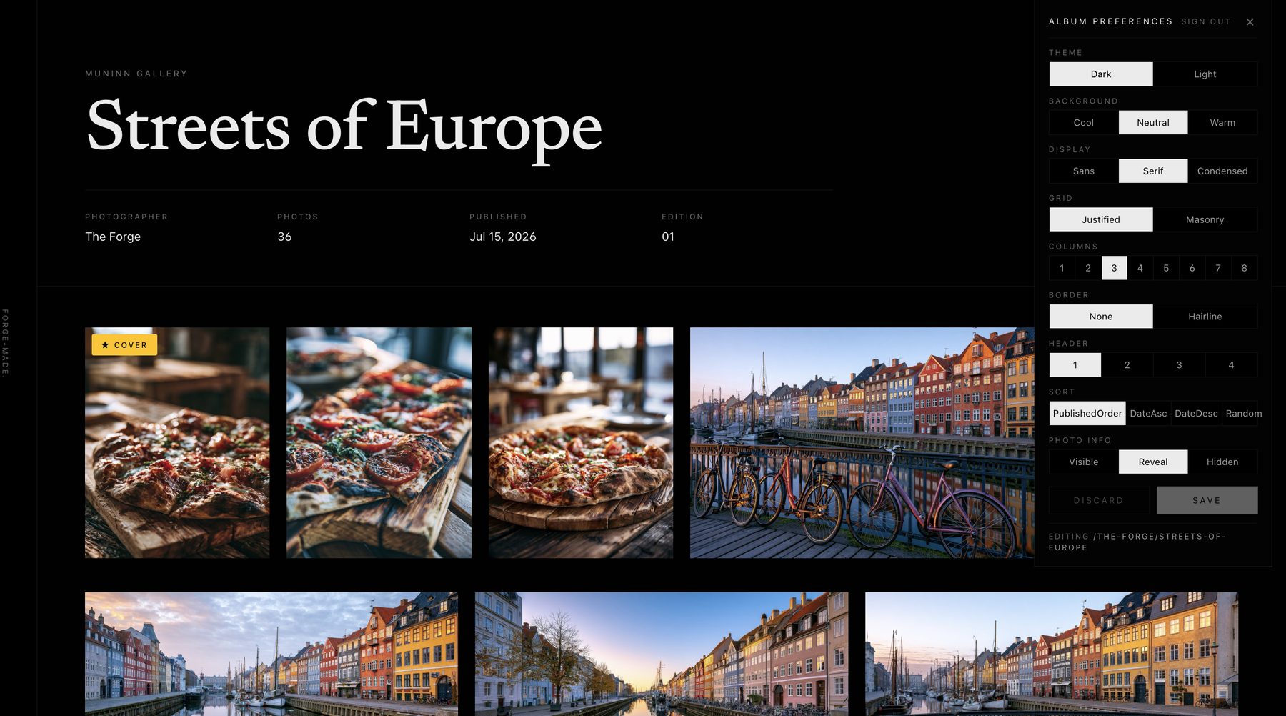The Album Preferences panel on a published gallery