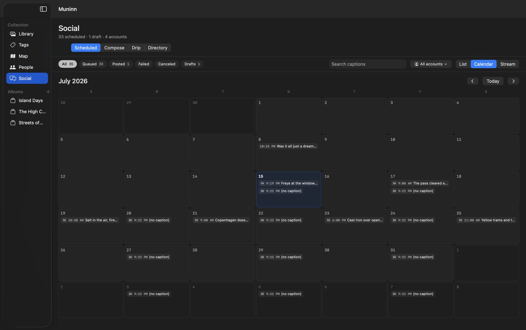 Muninn social calendar for July