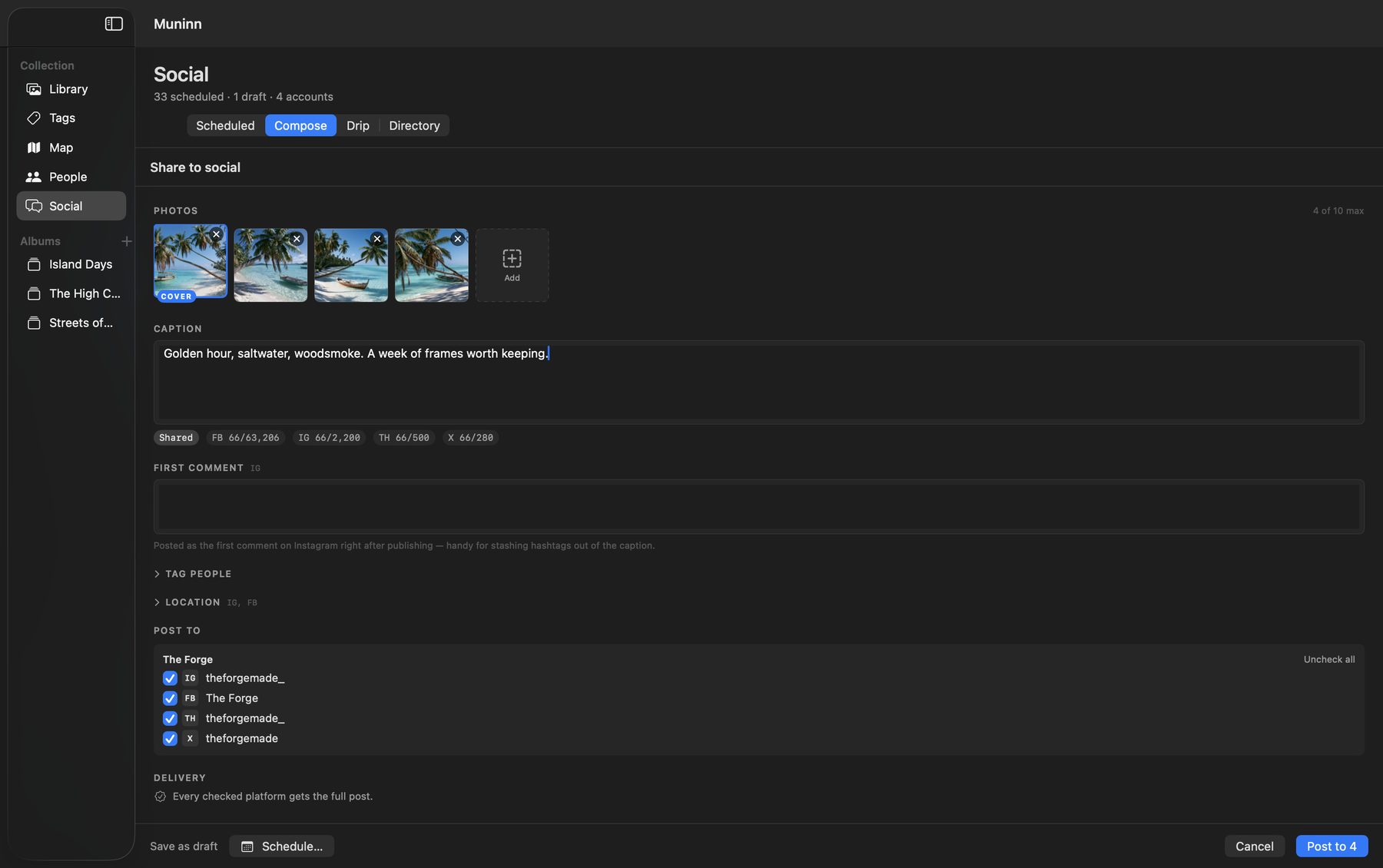 Muninn compose with four photos and account checkboxes