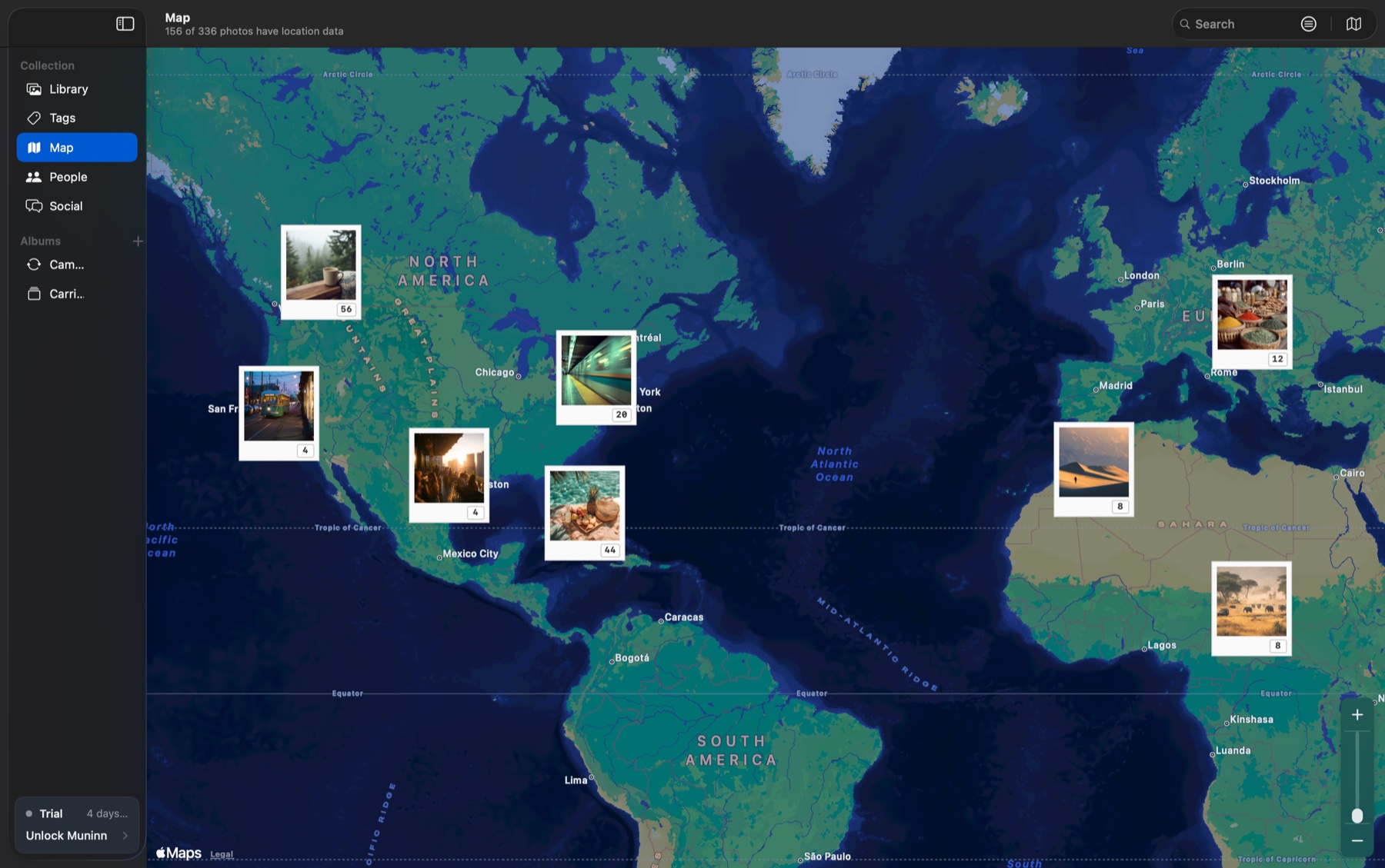 Muninn map view with photo pins