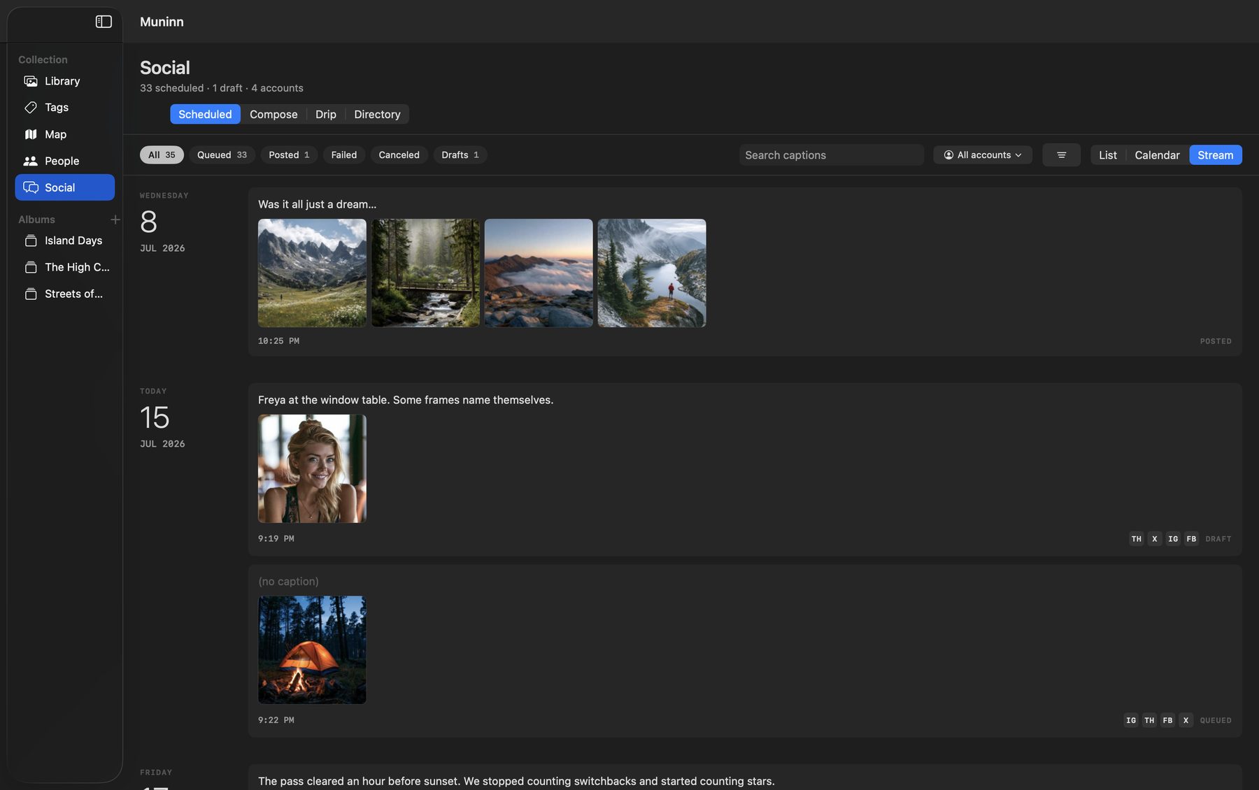 Muninn stream view with full post previews